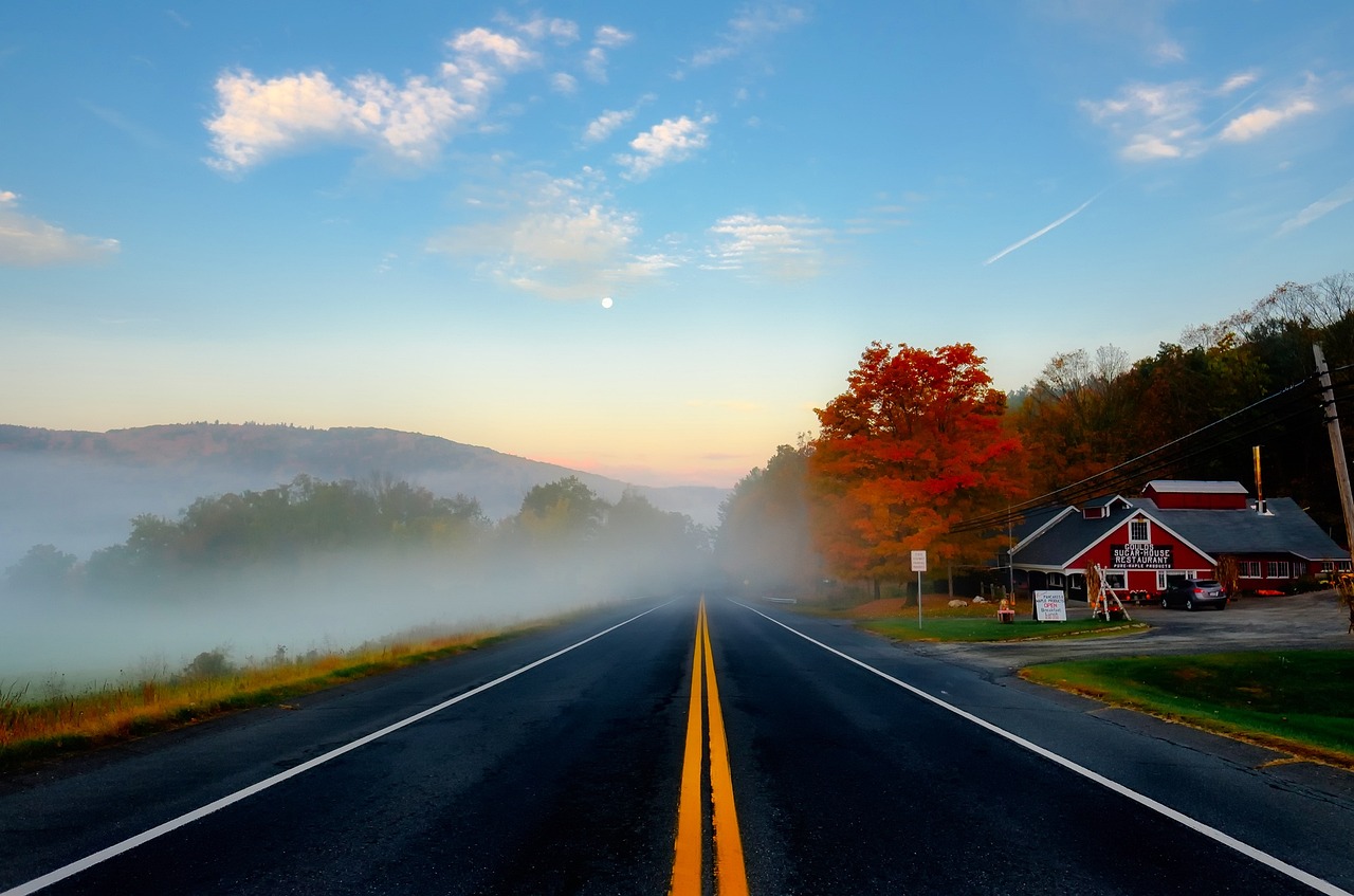 Massachusetts, Fall, Autumn, Colors, Sky, Clouds, Road